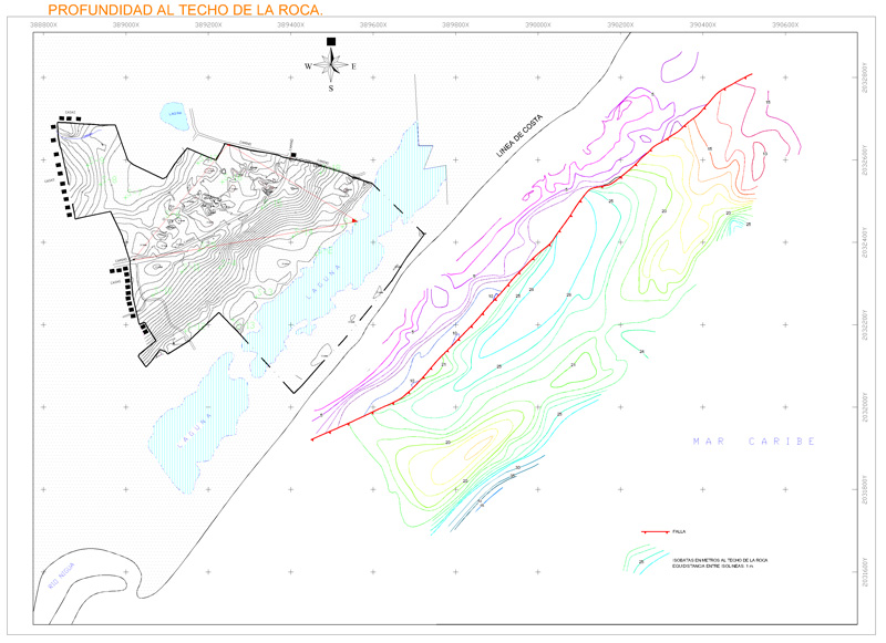 Ejemplo de mapa de profundidades en trabajo de sísmica marina